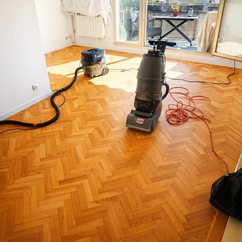 Ponçage et vitrification parquet mosaïque point de Hongrie — Lyon 3e - Image 4